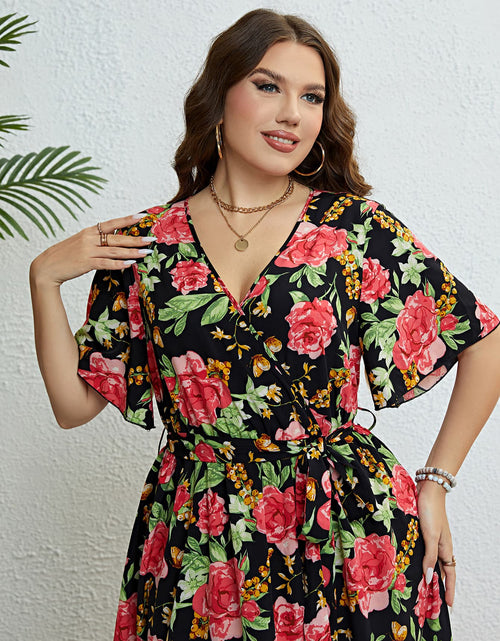 Load image into Gallery viewer, Plus Size Floral Tie Belt Surplice Dress
