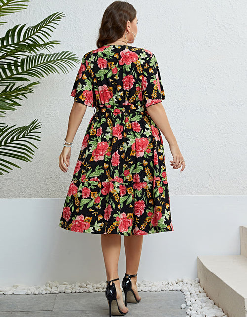 Load image into Gallery viewer, Plus Size Floral Tie Belt Surplice Dress
