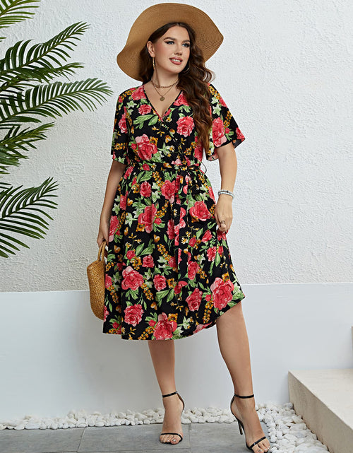 Load image into Gallery viewer, Plus Size Floral Tie Belt Surplice Dress
