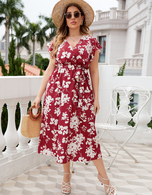 Load image into Gallery viewer, Plus Size Floral Tie Waist Surplice Neck Midi Dress
