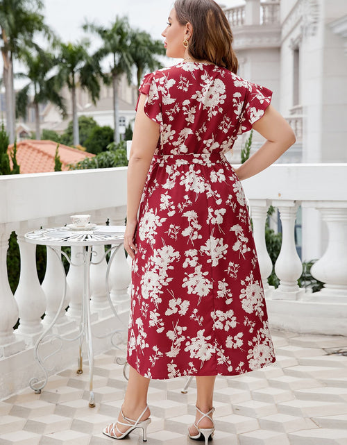 Load image into Gallery viewer, Plus Size Floral Tie Waist Surplice Neck Midi Dress
