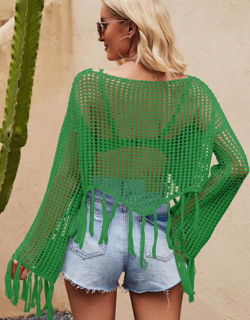 Load image into Gallery viewer, Tassel Hem Openwork Long Sleeve Cover Up
