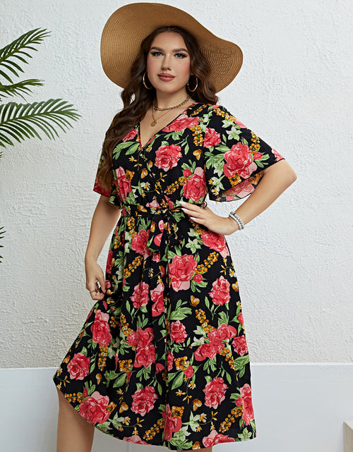 Load image into Gallery viewer, Plus Size Floral Tie Belt Surplice Dress
