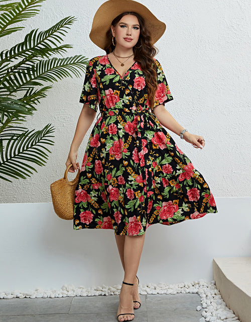 Load image into Gallery viewer, Plus Size Floral Tie Belt Surplice Dress
