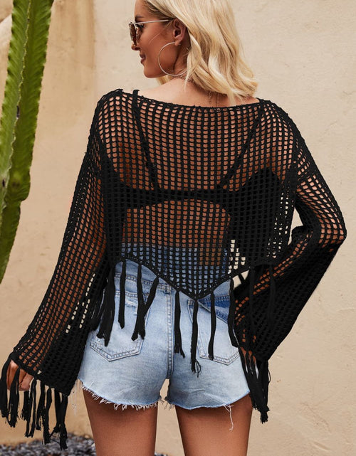 Load image into Gallery viewer, Tassel Hem Openwork Long Sleeve Cover Up
