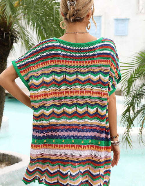 Load image into Gallery viewer, Rainbow Stripe Scalloped V-Neck Cover-Up Dress
